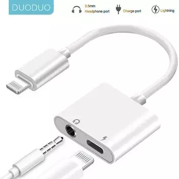 Адаптер 2 в 1 AUX для зарядки Lightning на кабель-разветвитель 3,5 мм для Apple iPhone XS MAX XR X 7 8 Plus Aux Cable Splitte 3.5mm adapter белый