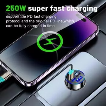 Адаптер автомобильного зарядного устройства, конструкция с несколькими портами, высокая термостойкость, 250 Вт, быстрая эффективная зарядка, USB-зарядное устройство для телефона типа C чёрный