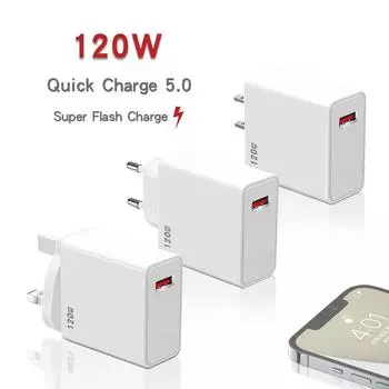 Адаптер быстрой зарядки 120 Вт для iPhone Xiaomi Huawei Samsung Oneplus OPPO USB зарядное устройство Quick Charge 5.0 QC5.0 Зарядные устройства для мобильных телефонов US белый