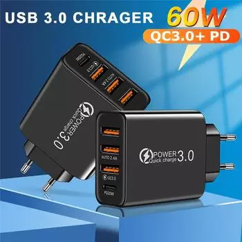 Адаптер быстрой зарядки USB-C PD 60 Вт QC 3.0 Быстрое зарядное устройство для ноутбука MacBook Pro Быстрое зарядное устройство Type-C для iPhone iPad Huawei Xiaomi Samsung