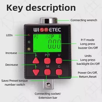 Адаптер динамометрического ключа Цифровой измеритель крутящего момента 0,1-340 Нм Регулируемый измеритель крутящего момента со звуковым сигналом и светодиодным индикатором Функция