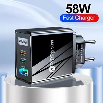 Адаптер для быстрого зарядного устройства 58 Вт USB C для быстрой зарядки для мобильного телефона, планшета типа C, быстрое зарядное устройство с двойным PD Black EU Plug