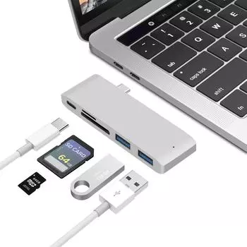 Адаптер для док-станции Apple Macbook Pro 2016 Интерфейс USB3.0 для ноутбука Устройство чтения карт Type-C для MacBook 2020 Адаптер-концентратор металлик серебряный