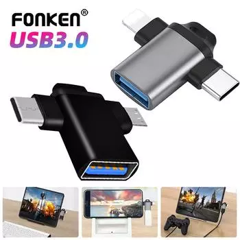 Адаптер Fonken 2 в 1 OTG Micro USB/Type C/iOS «папа» на USB 3,0 «мама», адаптер для чтения карт, многофункциональный преобразователь, адаптер для мобильного телефона Micro+Type-c чёрный