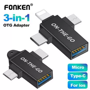 Адаптер Fonken 3 в 1 OTG типа C/Micro USB/Lightning 3,0 OTG адаптер USB 3,0 конвертер передачи данных для планшета с жестким диском телефона 2 in 1(Type-C+Micro USB) чёрный
