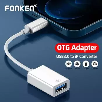 Адаптер Fonken OTG для кабеля Lightning-USB 3,0 для передачи данных, устройства чтения карт памяти для iPhone, iPad, преобразователя разъемов белый