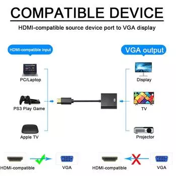 Адаптер HDMI-совместимый к VGA Цифровой Аналоговый HDMI-совместимый Мужской к Женскому VGA Кабель-конвертер для ПК Ноутбука Планшета HDTV чёрный