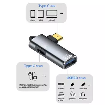 Адаптер-конвертер USB C - USB 3.0, передача данных 5 Гбит/с с поддержкой быстрой зарядки OTG, подходит для ноутбуков и планшетов 10W чёрный