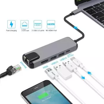Адаптер Multi USB 3.0 типа C к HDMI Gigabit Ethernet Rj45 Lan для Macbook Pro Air 13 15 iPad Thunderbolt USB PD зарядный концентратор