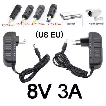 Адаптер переменного тока постоянного тока, преобразователь 5,5*2,1 мм 4,0*1,7 мм 3,5*1,35 мм 2,5*0,7 мм, вилка постоянного тока 8 В, 3 А, 110 В-240 В переменного тока, зарядное устройство DC 5.5x2.1mm US Plug чёрный