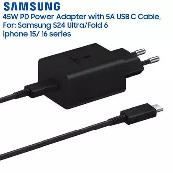 Адаптер питания SAMSUNG 45 Вт PD с кабелем USB C 5 А, сверхбыстрое зарядное устройство для Samsung Galaxy S24 Ultra S24+ S24 Z Flip 6 Z Fold 6 5 4 3 2 S23 S22 A55 чёрный