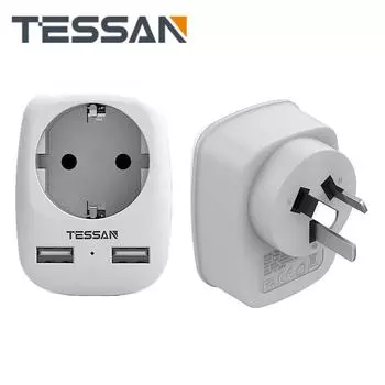 Адаптер TESSAN 3-в-1 для Австралии, Китай, Германия, вилка с 2 USB-разъемами, серый цвет 1 Outlet & 2 USB Ports серый