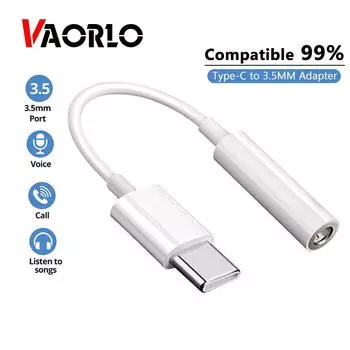 Адаптер VAORLO Type-C до 3,5 мм AUX, совместимый на 99% смартфонов, умный цифровой чип для передачи звука, высококачественный конвертерный кабель чёрный