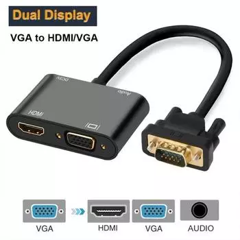 Адаптер VGA 3-в-1 Совместимость с VGA и HDMI+VGA+аудио Многопортовый дисплей Синхронизация звука чёрный