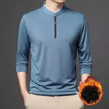 Добавить Флисовая футболка с длинными рукавами, мужская зимняя новая однотонная футболка с воротником-стойкой и молнией, молодежная мода, утолщенное теплое мужское пальто M