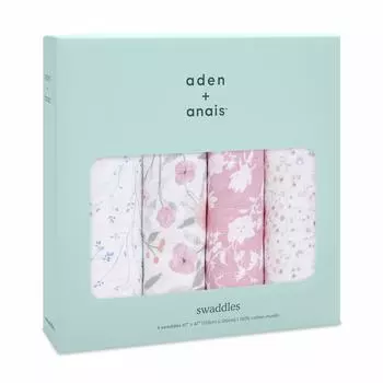aden anais Aiden and Anais Пеленки Mon Fleur, набор из 4 штук, 120 x 120 см, муслиновые хлопковые пеленки для новорожденных, предотвращение ночного плача, подарок для ребенка ASWC40007J +