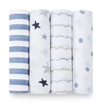 Aden Anais Classic Muslin Swaddle 4 Pack Rockstar One Size 4 PK + Blanket, - - -
