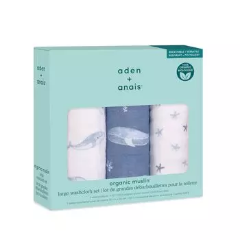 aden anais Ocean Марлевый набор x дюймов x 30 Органический с Baby Shower WCADABAWCO30001 + Полотенца, 3, 11,8 11,8 (30 см), Хлопок, Петли, Подарок,