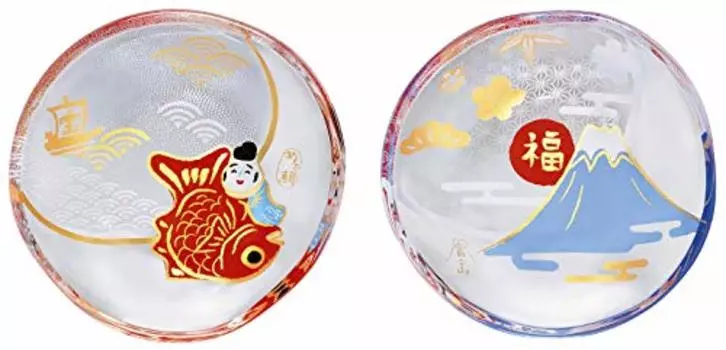 ADERIA S-6284 Маленькая тарелка, стеклянная тарелка, тарелка для фасоли Daichichi, парный набор, средиземноморский морской лещ/горы. Fuji/Круглая тарелка, Сделано в Японии, Подарочная коробка, Подарок на день рождения, P