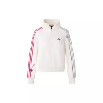 Adidas Цветочный 3-полосный свитшот с полумолнией на молнии Женские топы Розовый Белый IX5648 XL