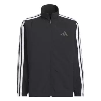 Adidas Куртка мужская черная с белыми полосками, логотип 3 полоски, свободный крой, воротник-стойка, застежка-молния, рукава с разрезами на плечах, длинные рукава, куртка, черный, белый, KC3892 S