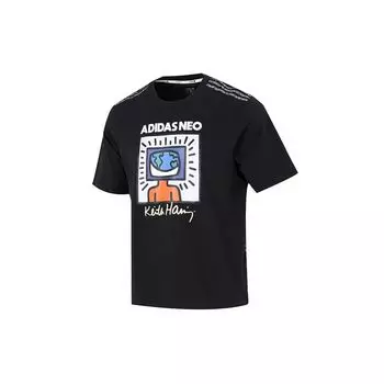 Adidas Neo с рисунком алфавита в полоску, повседневная футболка с круглым вырезом, мужские топы, черные HD7267 L