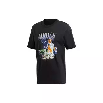 Adidas Оригинальный трилистник с тигровым принтом, пуловер с круглым вырезом, футболка с короткими рукавами, мужские топы, черный GD9325 XS