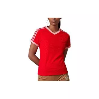Adidas Originals Clover Logo Print V-образный вырез Пуловер с короткими рукавами Женские топы Красный IB2057 XXS