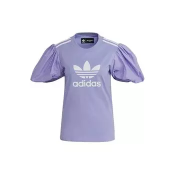Adidas Originals Три полоски Круглый вырез Пуловер Напечатанный буква Повседневный короткий рукав Фонарь рукав Футболка Женские топы Фиолетовый H59037 XS