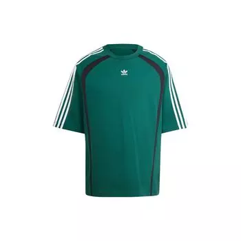 Adidas Originals Трилистник с тремя полосками и вышитым логотипом Свободная футболка с круглым вырезом Мужские топы Зеленый IW3638 L