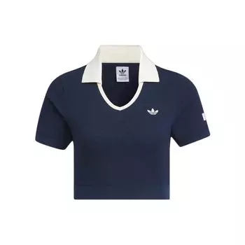 Adidas Originals X Notitle FW23 Контрастная укороченная рубашка поло с V-образным вырезом, женские топы, синяя IN1083 XXS