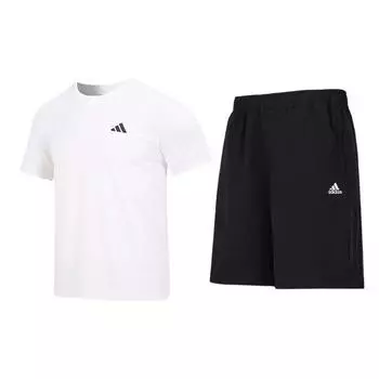 Adidas Пуловер с круглым вырезом и логотипом, короткий рукав, однотонный цвет, эластичный пояс, шорты средней посадки, повседневный спортивный комплект, мужские комплекты HR8728+HE7405 S
