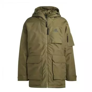 Adidas Спортивная серия Lifestyle Простая теплая парка с капюшоном и карманом на молнии с заниженной линией плеч, пуховик с длинным рукавом, мужская верхняя одежда темно-оливково-зеленого цвета HK6664 L