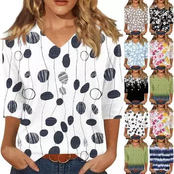 adies Летние топы Женская мода Повседневная с цветочным принтом V-образный вырез короткий рукав футболка Топ XXL