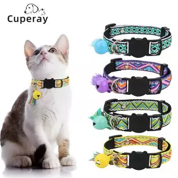 Adjustable Cat Collar Polyester Jacquard Pattern Pet Collar with Bell and Tassel Decoration for Cats and Small Dogs To Keep Lost