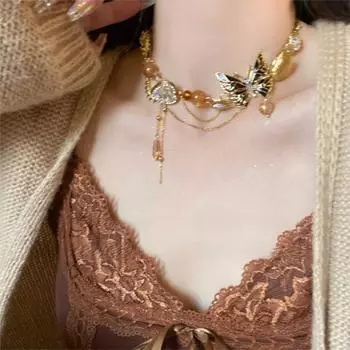 Adjustable Rhinestone Butterfly Necklace Exaggerated Women s Choker Tassel Crystal Necklace Party чёрный/золотой