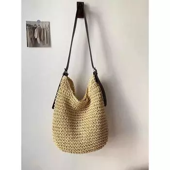 Adjustable Shoulder Strap Hand-Woven Straw Bag 2025 Summer Shoulder Woven Bag Vacation Beach Bag All-Match Women s Bag Beige White