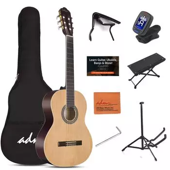 ADM Classical Guitar Beginner Set 39-дюймовая вводная практическая гитара с нейлоновыми струнами, набор из 9 предметов (натуральный)