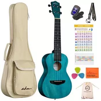 ADM Concert Ukulele Beginner Ukulele Set включает в себя накладку на гриф и чехол для хранения, - чехол, тюнер, ремень, наклейку, медиатор, (Матовый синий, 23 )