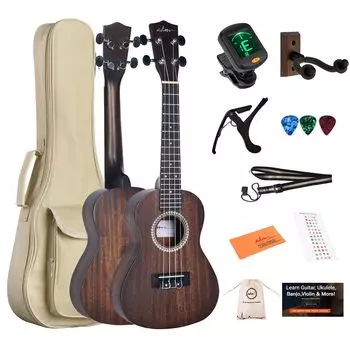 ADM Concert Ukulele Mahogany Beginner Ukulele Set включает в себя накладку на гриф и чехол для хранения, 23 - чехол, тюнер, ремень, наклейка, медиатор, (Матовый коричневый)