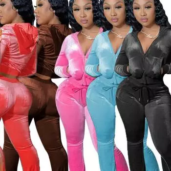 Adogirl однотонный бархатный комплект из двух предметов, женская одежда, спортивный костюм, толстовки с капюшоном на молнии и длинными рукавами, топ, расклешенные брюки, спортивный костюм S розовый