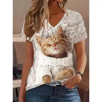 Adorable Feline Graphic Tee - Flattering V Neck, Short Sleeves, Relaxed Casual Style for Spring & Summer - Womens Comfortable Everyday Wear Clothing S