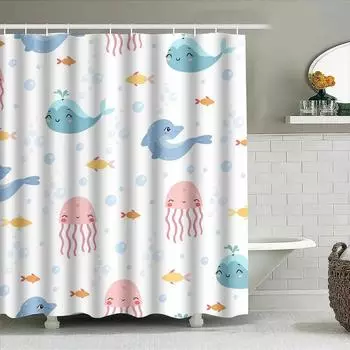 Adorable Underwater World Shower Curtain Set Cute Blue Whale Pink Octopus Design for Bathroom Decorations W90xH180cm