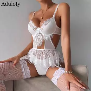 Aduloty, белые кружевные ажурные кружевные чулки с полой строчкой, милая юбка с подвязками, длинные ажурные чулки, костюм S белый