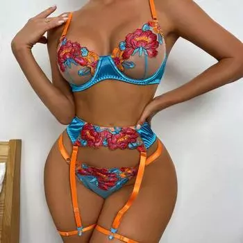 Aduloty, комплект из 3 предметов контрастного цвета, кружевной бюстгальтер, женские трусики с вышивкой, комплект нижнего белья, женский синий комплект сексуального нижнего белья S синий