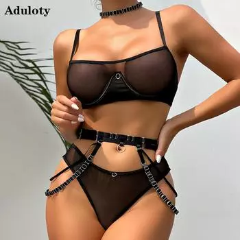 Aduloty, летний тонкий кружевной комплект с бюстгальтером, сетчатое сексуальное женское белье, пояс с кольцом на шею, черное искушение, эротическое нижнее белье, костюм из четырех предметов S