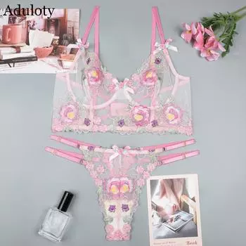 Aduloty Новое европейское и американское нижнее белье с цветочной вышивкой, милый комплект Pure Desire с ветровым бантом, изысканный комплект из двух предметов высокого качества S