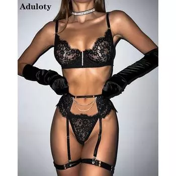 Aduloty Новое сексуальное женское белье с цветочным кружевом и бриллиантами, эротическое нижнее белье, комплект из пяти предметов, сетчатый бюстгальтер на косточках S