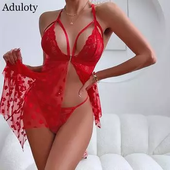 Aduloty сексуальный красный сетчатый костюм с нерегулярным подолом и жемчугом с открытой спиной на день Святого Валентина, костюм на подтяжках, ночная рубашка, костюм S