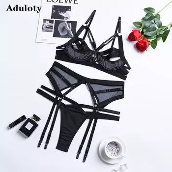 Aduloty женский комплект с бюстгальтером, тонкий летний комплект сексуального нижнего белья с кружевной сеткой, перспективное искушение, эротическое нижнее белье, комплект из трех предметов S